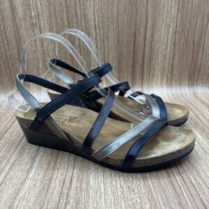 Naot Hero Strappy Sandals‎ Sz 10 Black/silver  Leather Wedge Heel Slingback